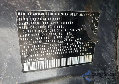 2022 Volkswagen Tiguan Se R-Line Black z USA, uszkodzony, nr VIN 3VV8B7AX9NM017368